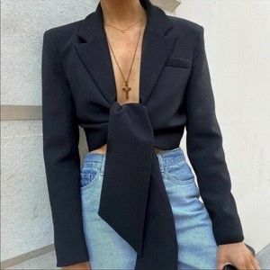Zara cropped black blazer with front tie